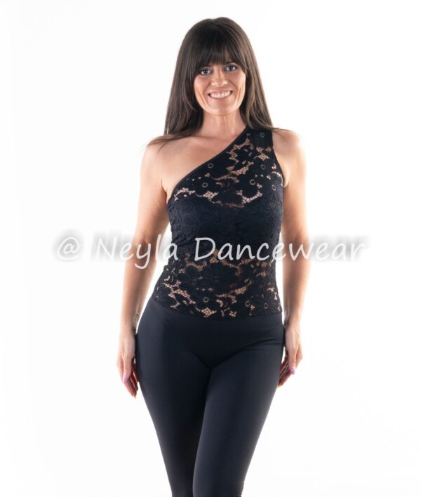 Mono de lycra y encaje negro Ojufemi con diseño asimétrico y un tirante, ideal para danza del vientre