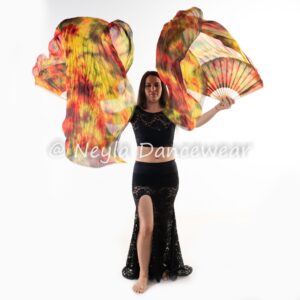 Abanico de Seda Naranja, Negro, Amarillo y Verde