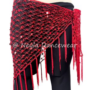 Belly dance net hip scarf in red with long fringes and shiny sequins. Asymmetrical wrap design tied at the hip to accentuate movement. 