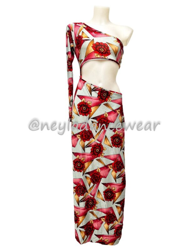 Vestido de danza del vientre, estampado con rosas rojas, y fondo gris, para danza del vientre, danza oriental, vestido para clases de danza.