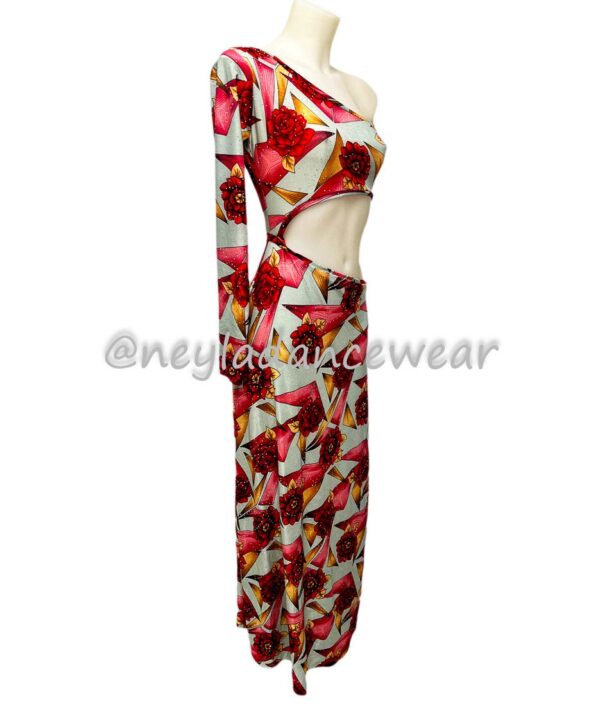Vestido de danza del vientre, estampado con rosas rojas, y fondo gris, para danza del vientre, danza oriental, vestido para clases de danza.