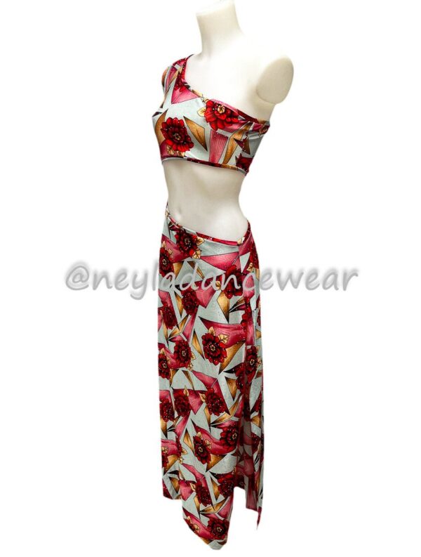 Vestido de danza del vientre, estampado con rosas rojas, y fondo gris, para danza del vientre, danza oriental, vestido para clases de danza.