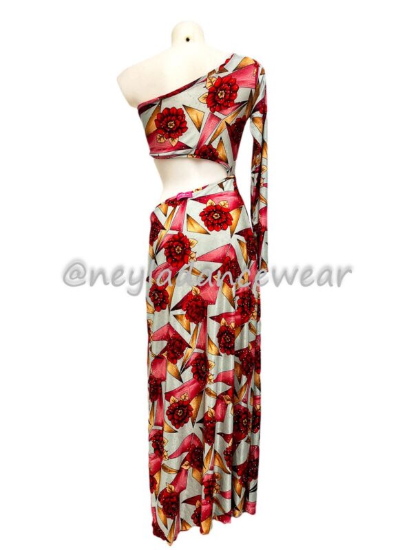 Vestido de danza del vientre, estampado con rosas rojas, y fondo gris, para danza del vientre, danza oriental, vestido para clases de danza.