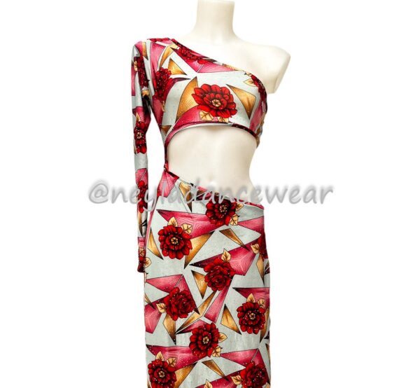 Vestido de danza del vientre, estampado con rosas rojas, y fondo gris, para danza del vientre, danza oriental, vestido para clases de danza.