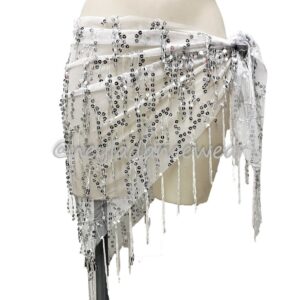 Pañuelo de tul para danza del vientre en color blanco, con lentejuelas brillantes y flecos largos, diseño triangular anudado al lateral para resaltar el movimiento.