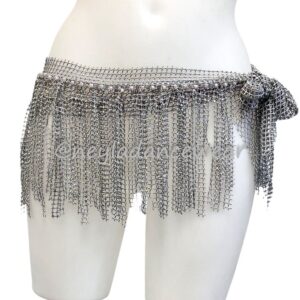 Zaina in grey with aurora borealis rhinestones and long fringes for belly dance.