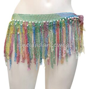 Zena in pastel colors with aurora borealis rhinestones and long fringes for belly dance.