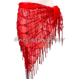 Belly dance tulle hip scarf in red with shiny sequins and long fringes, triangular design tied at the side to highlight movement.