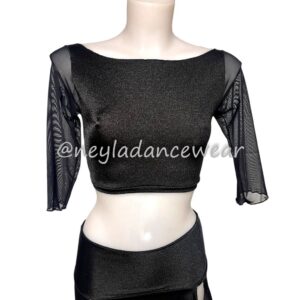 Black lycra cropped Batula top with 3/4 tulle sleeves, elegant and comfortable design for belly dance.