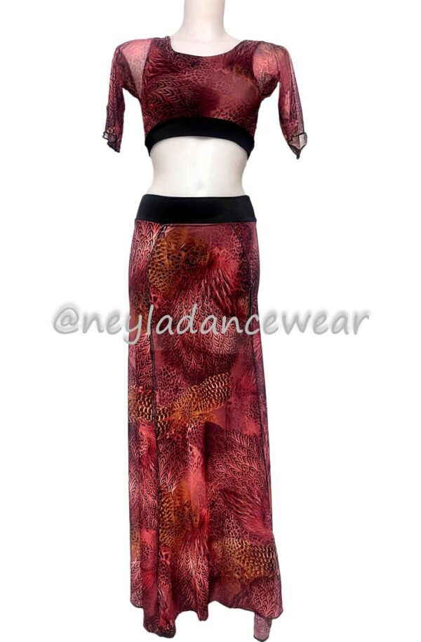 Top transparente para danza del vientre con estampado de plumas en tonos cálidos.