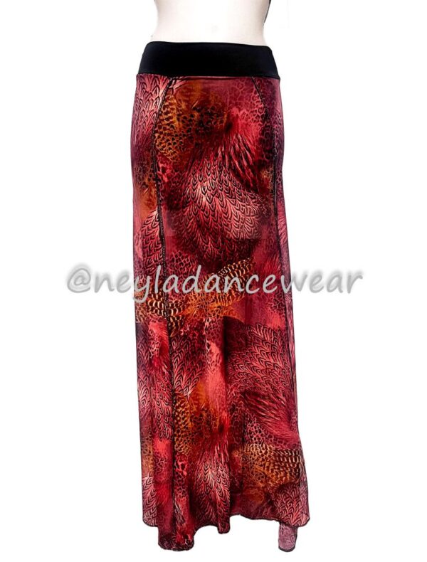 Falda Dounia ligera y transparente con estampado de plumas para danza del vientre.