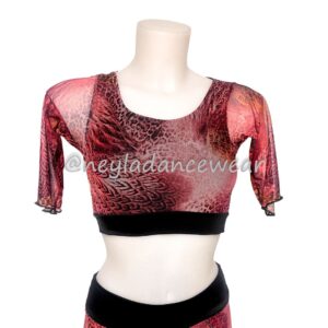 Top transparente para danza del vientre con estampado de plumas en tonos cálidos.