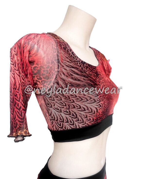 Top transparente para danza del vientre con estampado de plumas en tonos cálidos.