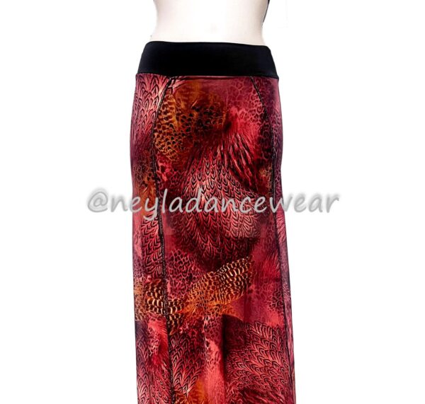 Falda Dounia ligera y transparente con estampado de plumas para danza del vientre.