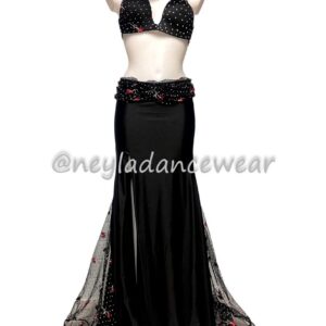 Traje de danza del vientre Elmira con top egipcio con pedrería y falda negra con godets.