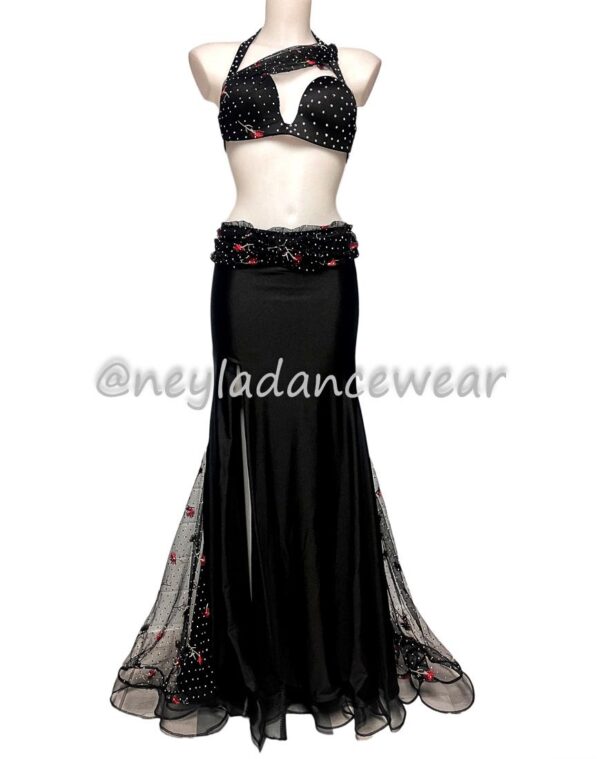 Traje de danza del vientre Elmira con top egipcio con pedrería y falda negra con godets.