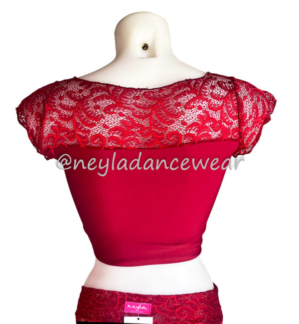 Red lace top with short sleeves and high neckline, perfect to pair with the Hiranur skirt.