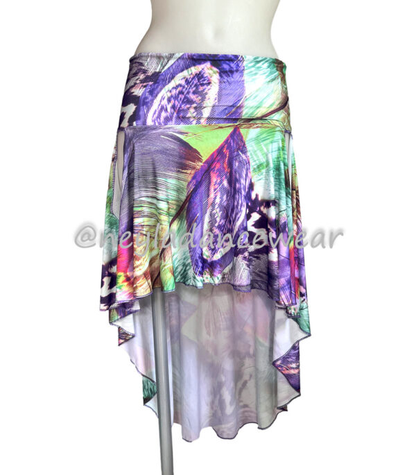 Centola asymmetrical skirt with multicolour feather print for belly dance