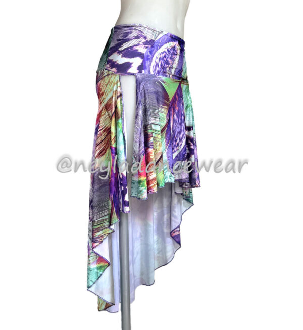 Centola asymmetrical skirt with multicolour feather print for belly dance