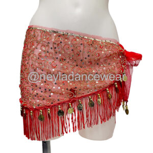 Foulard de hanches Ana rouge avec franges dorées et pièces pour danse orientale par Neyla Dancewear.