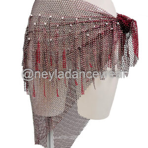 Black mesh hip scarf with garnet and silver rhinestones for belly dance