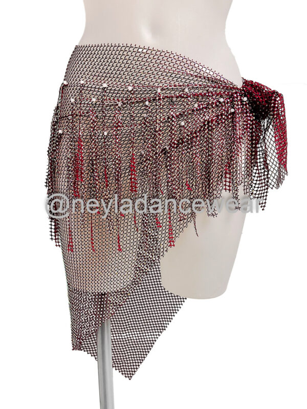 Black mesh hip scarf with garnet and silver rhinestones for belly dance