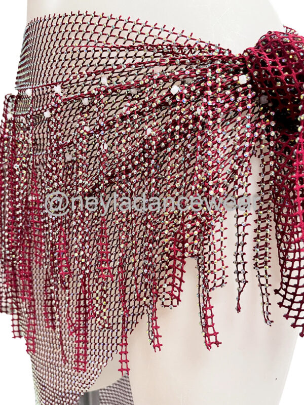 Black mesh hip scarf with garnet and silver rhinestones for belly dance