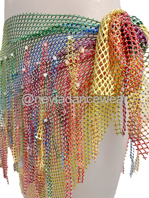 Multicolour mesh hip scarf with silver rhinestones for belly dance