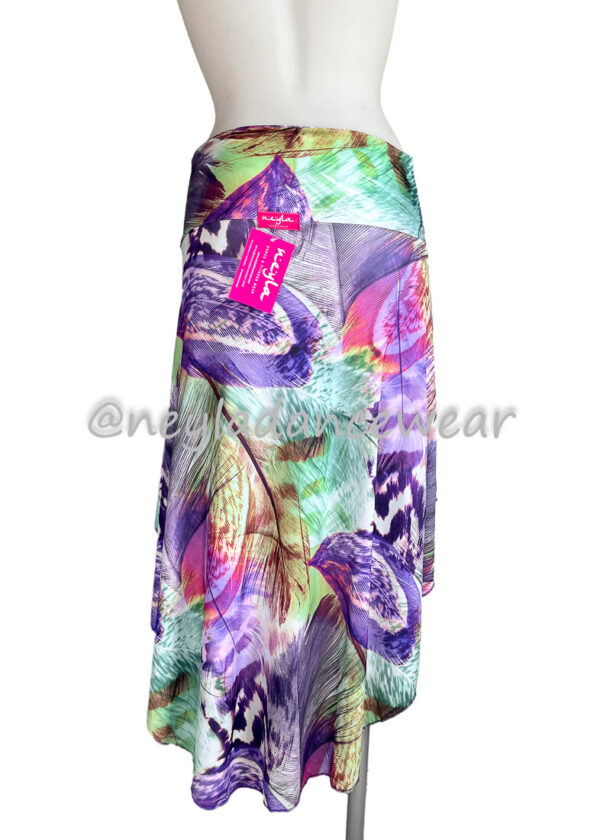 Centola asymmetrical skirt with multicolour feather print for belly dance